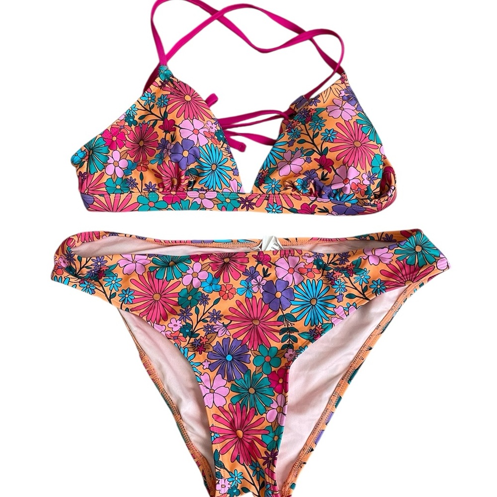 Alegria Daisy Lace-Up Back Bikini Top & Hipster Bottoms Set Size M - Picture 7 of 7